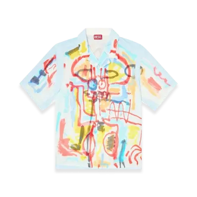 Diesel C-Paroshort-Graffiti-Afr Satin Bowling Shirt With Graffiti Print "Light Blue"