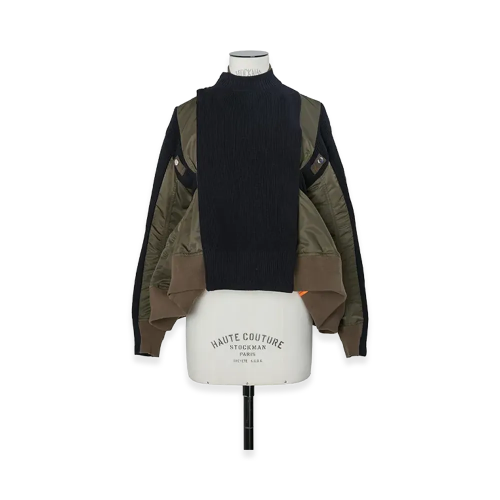 sacai Women's Nylon Twill x Knit Blouson "Dark Khaki/Navy"