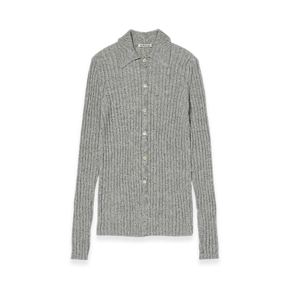 AURALEE Silk Cotton Melange Rib Knit Shirt Cardigan "Grey"