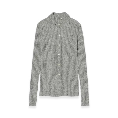 AURALEE Silk Cotton Melange Rib Knit Shirt Cardigan "Grey"