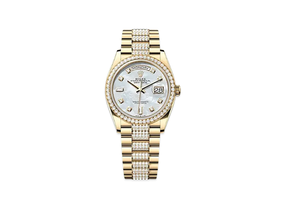 ROLEX Day-Date 36mm Yellow Gold Diamond 128348RBR "White Mother-of-Pearl"