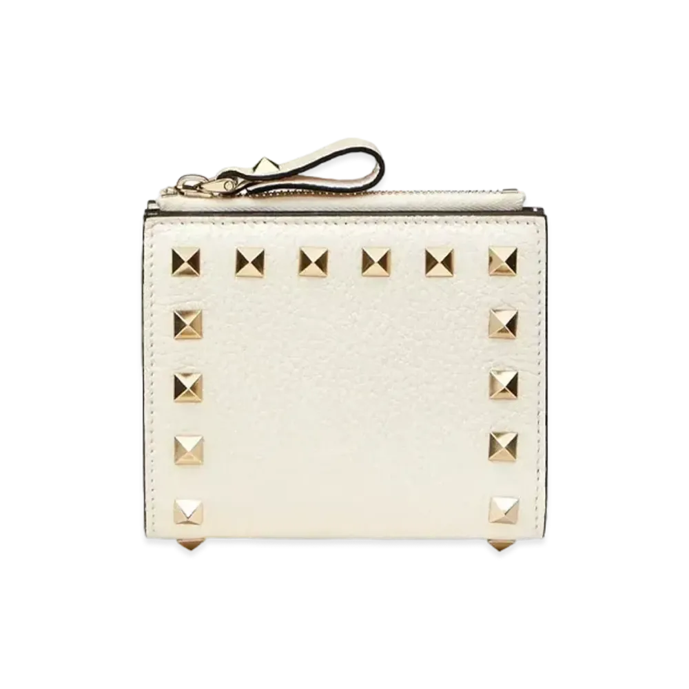 Valentino Rock Studs Grain Calfskin Small Wallet "Light Ivory"