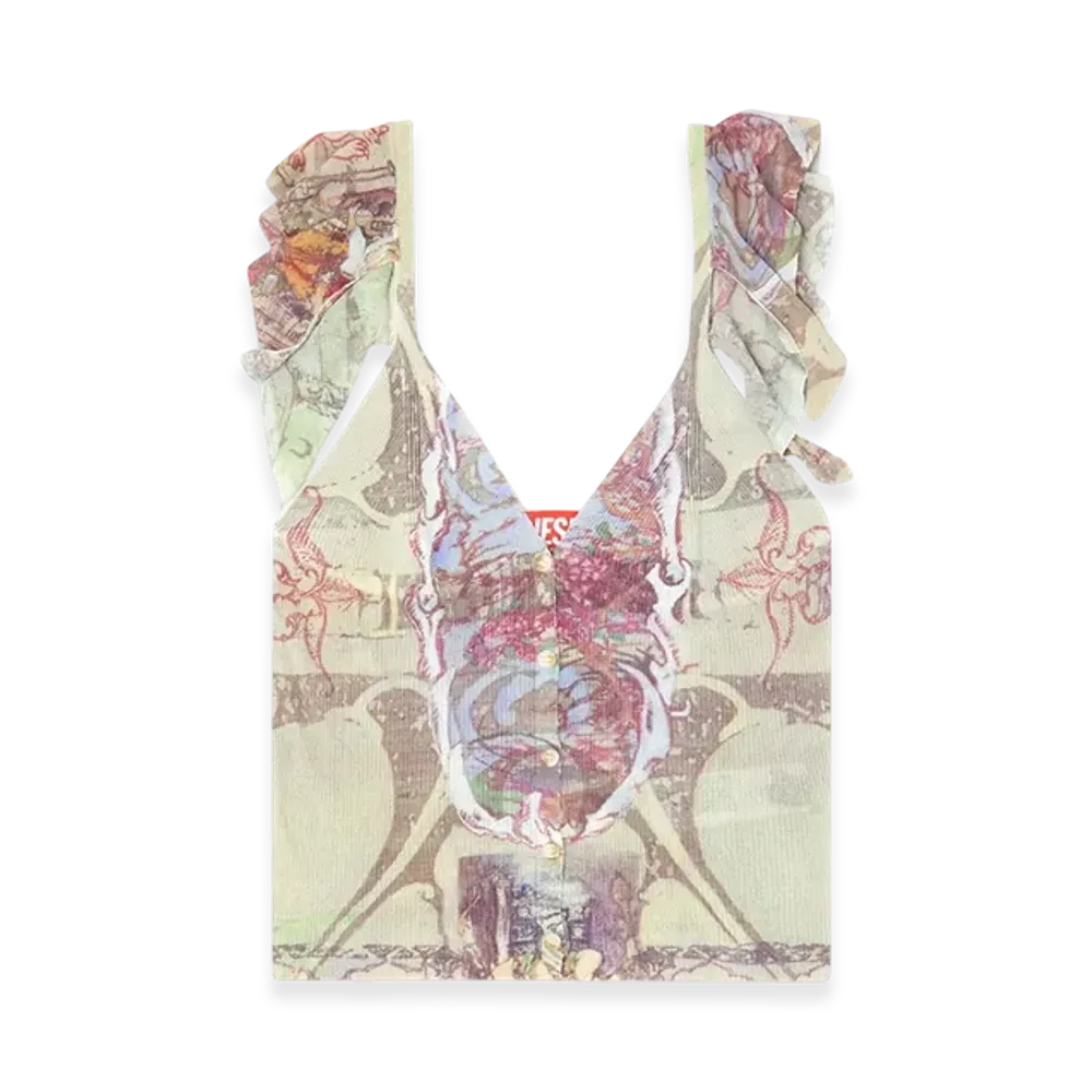Diesel M-Fiore Ruffle-Shoulder Knit Top With Medieval Print "Beige"