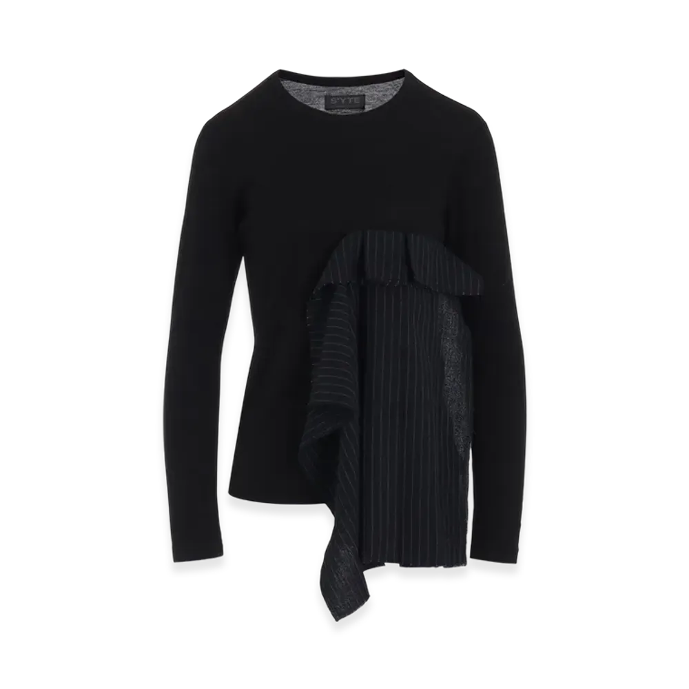 S'YTE Rayon Jersey Long-Sleeved T-Shirt With Pleated Stripes Fabric "Black"