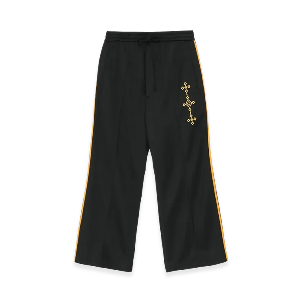 S'YTE Pe/Smooth Jersey Geometric Pattern Embroidery Side Tape Line Flare Pants "Black"