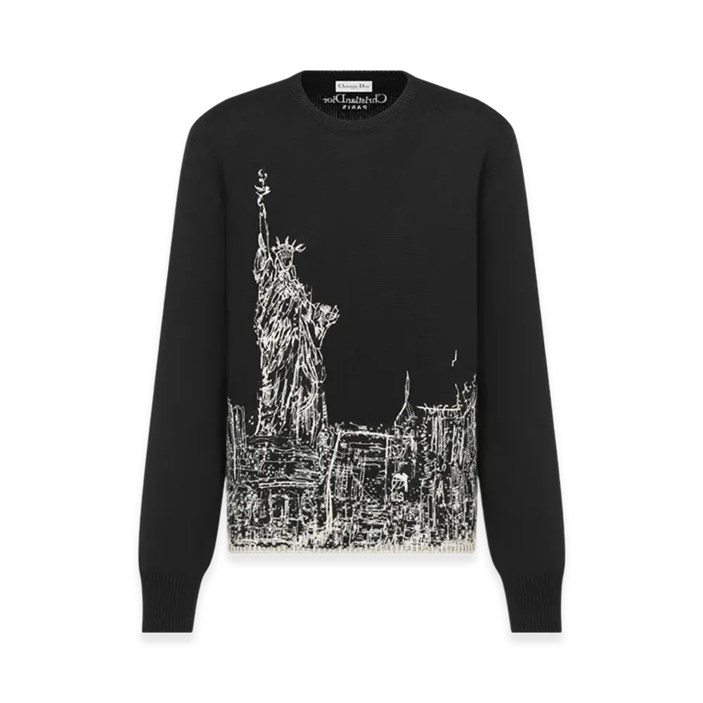 Dior Women's Cashmere and Silk Knit with New York Motif Embroidered Sweater "Black/White"