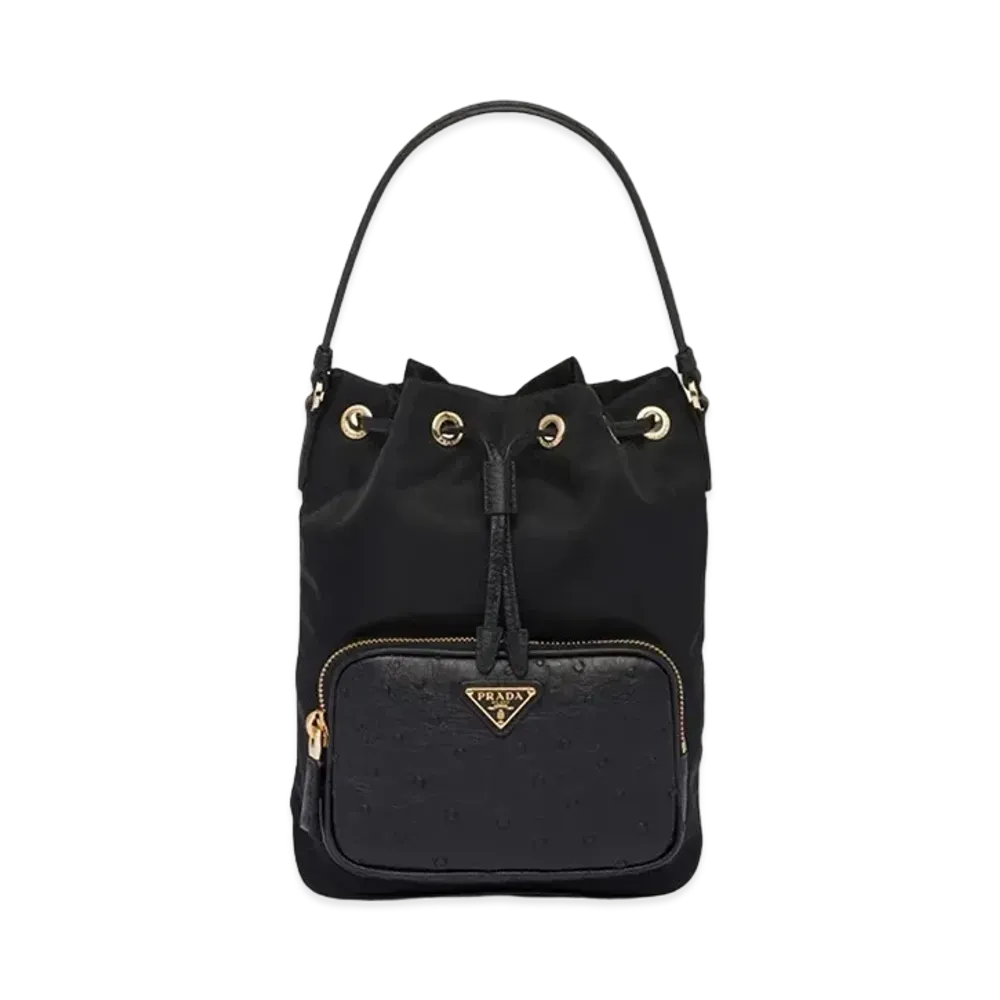 PRADA Re Nylon Ostrich Leather Shoulder Bag "Black"