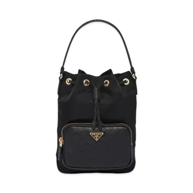 PRADA Re Nylon Ostrich Leather Shoulder Bag "Black"