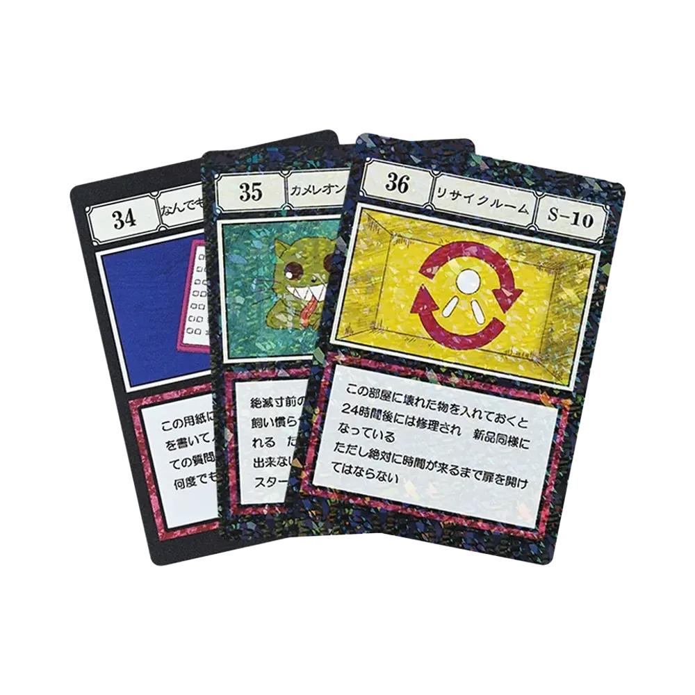 BANDAI "Ichiban Kuji" -HUNTERxHUNTER GREED ISLAND 2- L Prize G.I. Designated Pocket Card Anything Goes Questionnaire / Chameleon Cat / Recycle Room [34][35][36]