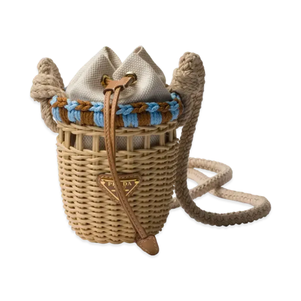 PRADA Wicker and Linen-Blend Mini-Bag "Beige/Blue"