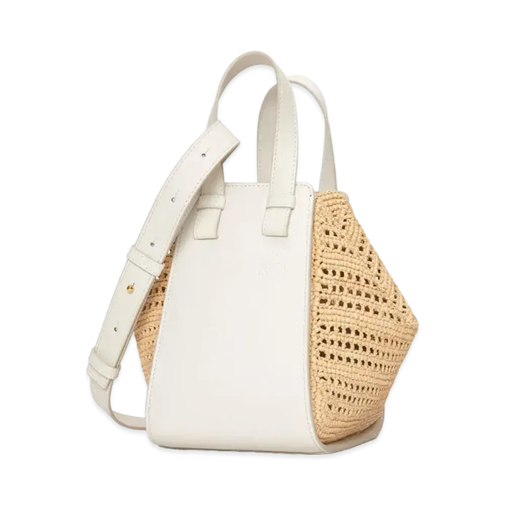 LOEWE Compact Hammock Bag In Raffia and Calfskin "Soft White/Natural"