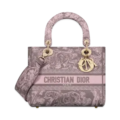 Dior Medium Lady D Lite Bag Toile de Jouy Reverse Embroidery "Gray/Pink"