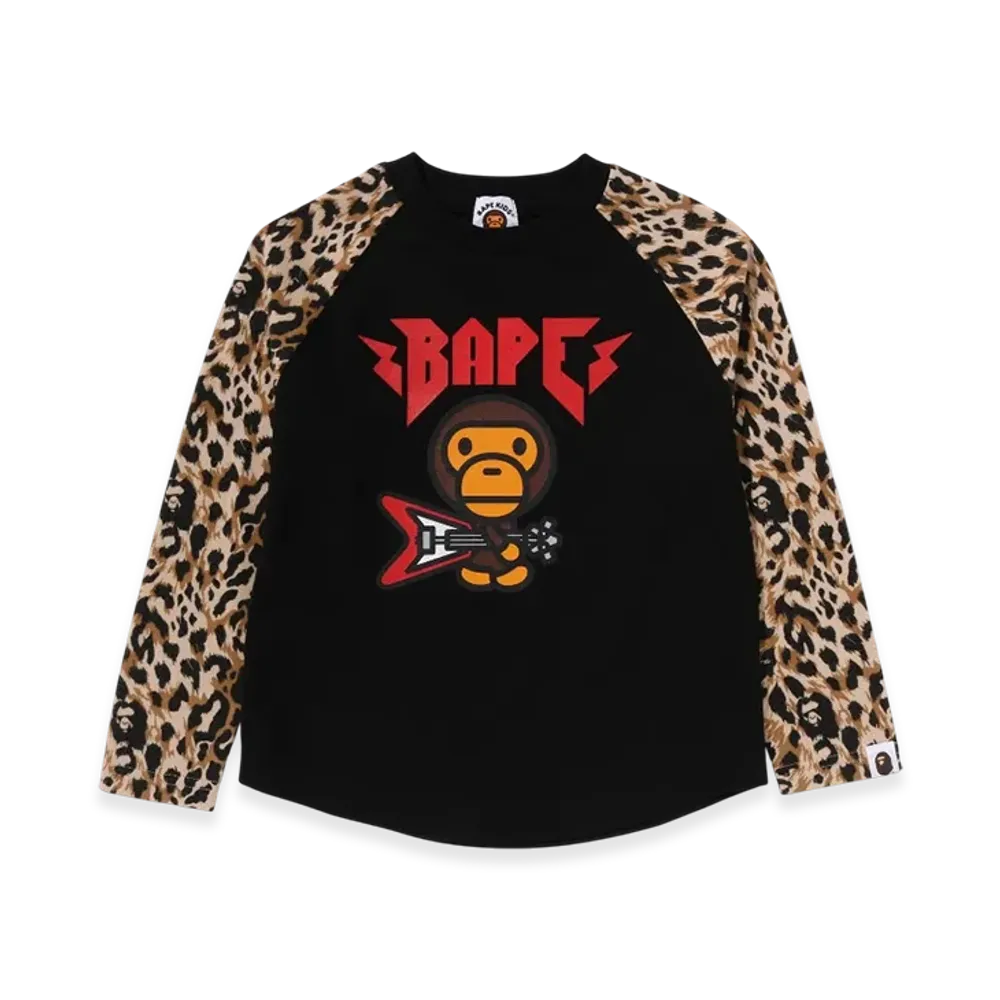 A BATHING APE Wild Leopard Pattern Baby Milo Raglan Ls Tee "Black"