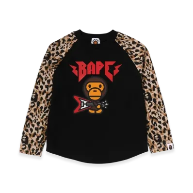 A BATHING APE Wild Leopard Pattern Baby Milo Raglan Ls Tee "Black"