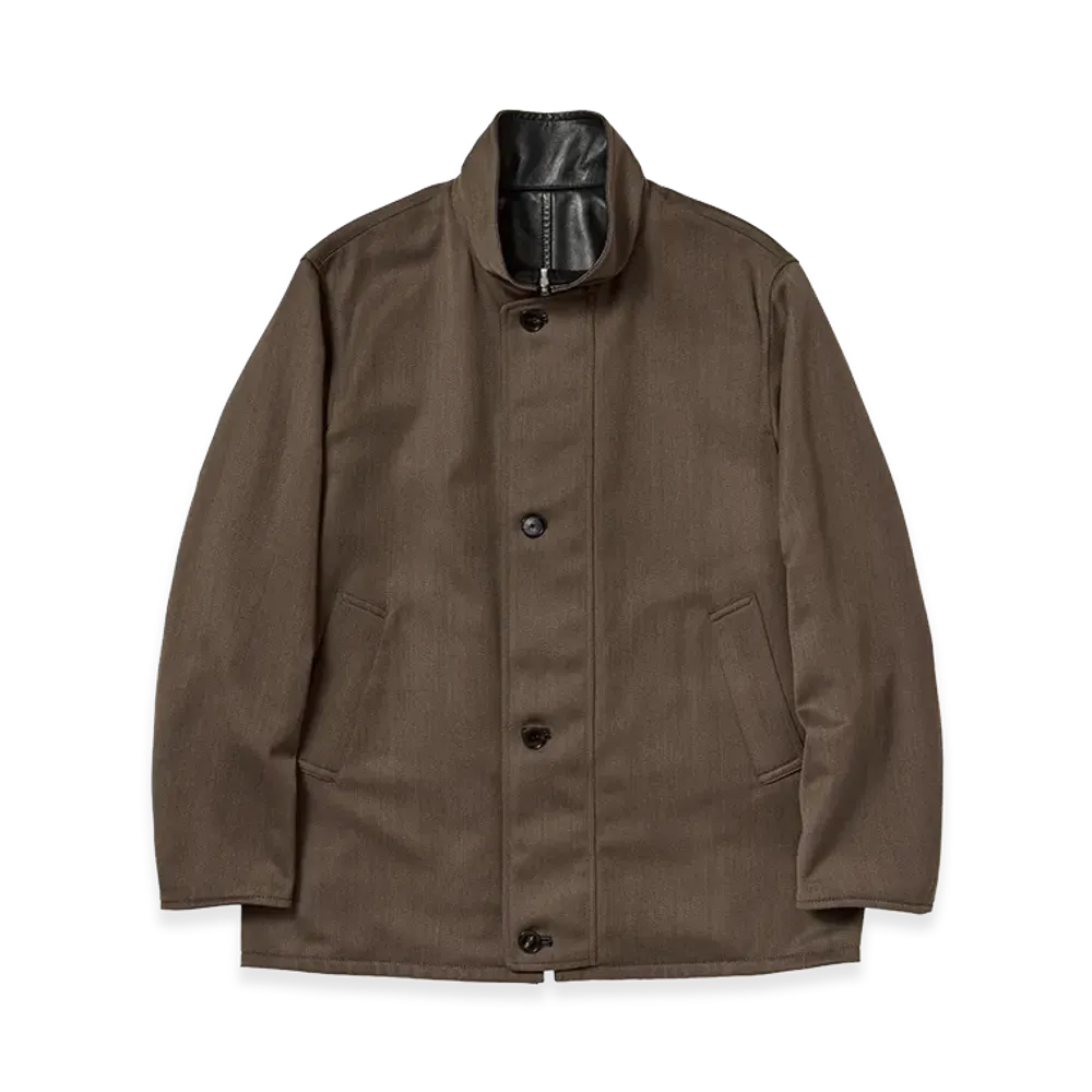 AURALEE Reversible Wool Twisted Twill / Sheep Leather Half Coat "Brown Chambray/Black"