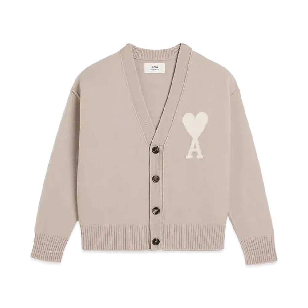 AMI PARIS Merino Wool Felt Cardigan "Light Beige & Off White"