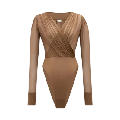 Saint Laurent Women's Wrap Bodysuit in Jersey Voile "Dark Beige"