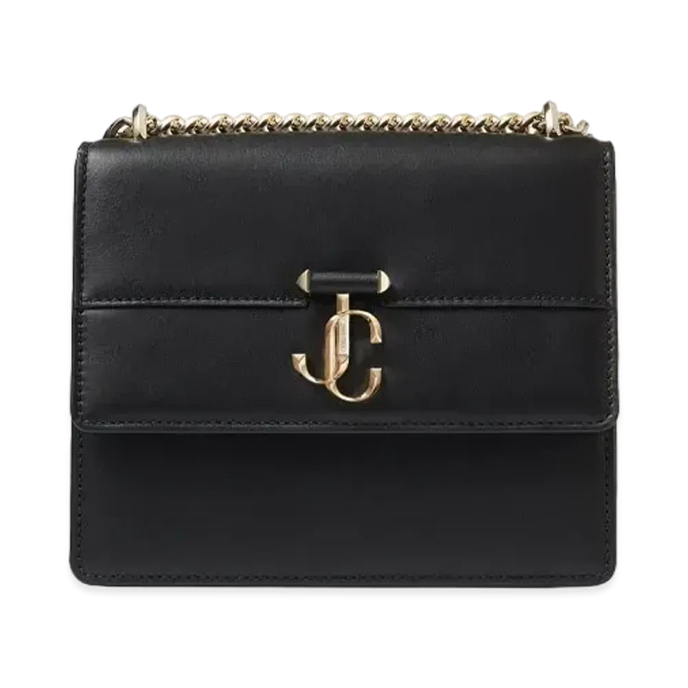 JIMMY CHOO VARENNE QUAD Light Gold JC Logo With Fine Shiny Curf Leather Shoulder Bag "Black"