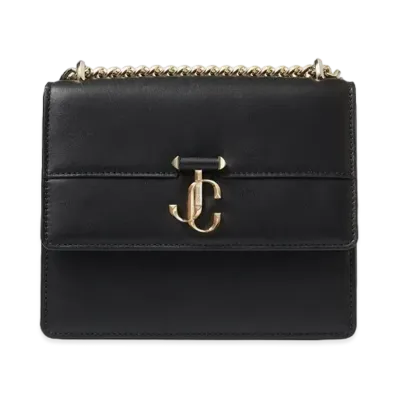JIMMY CHOO VARENNE QUAD Light Gold JC Logo With Fine Shiny Curf Leather Shoulder Bag "Black"