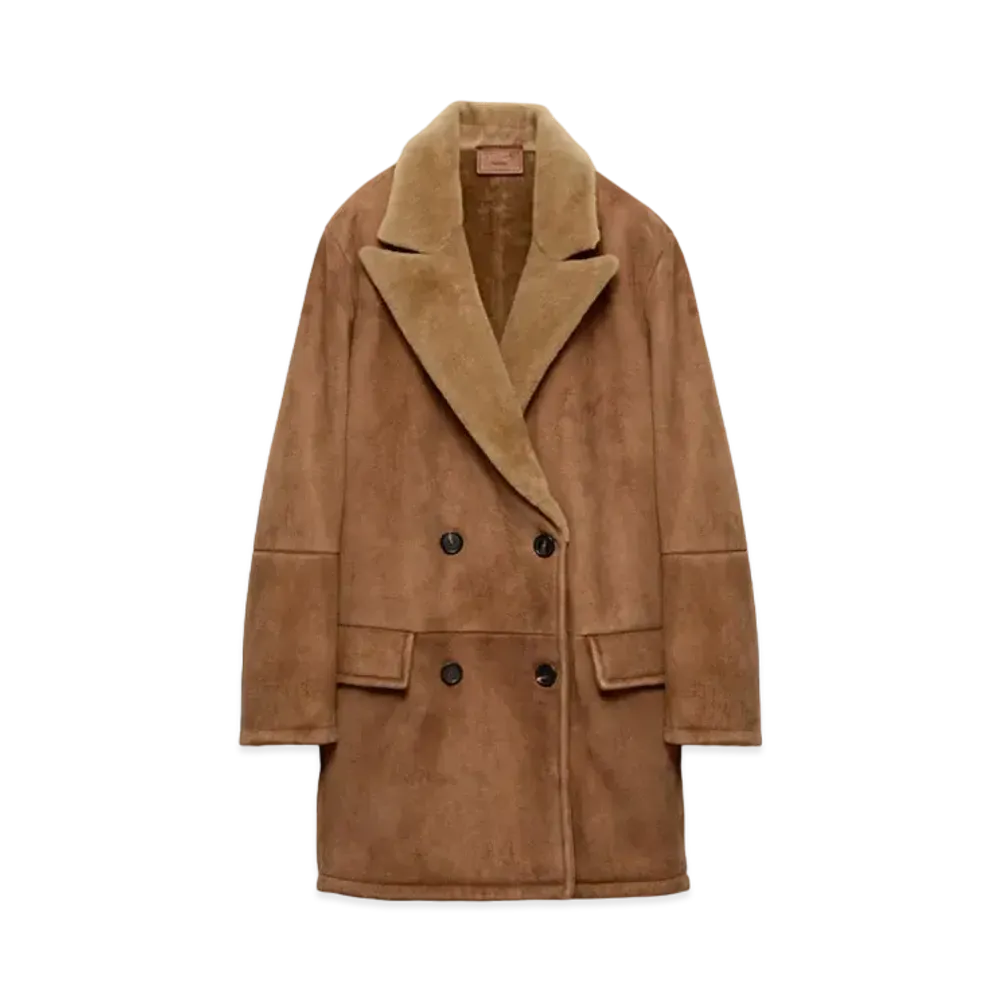PRADA Women's Double-Breasted Shearling Coat "Beige"
