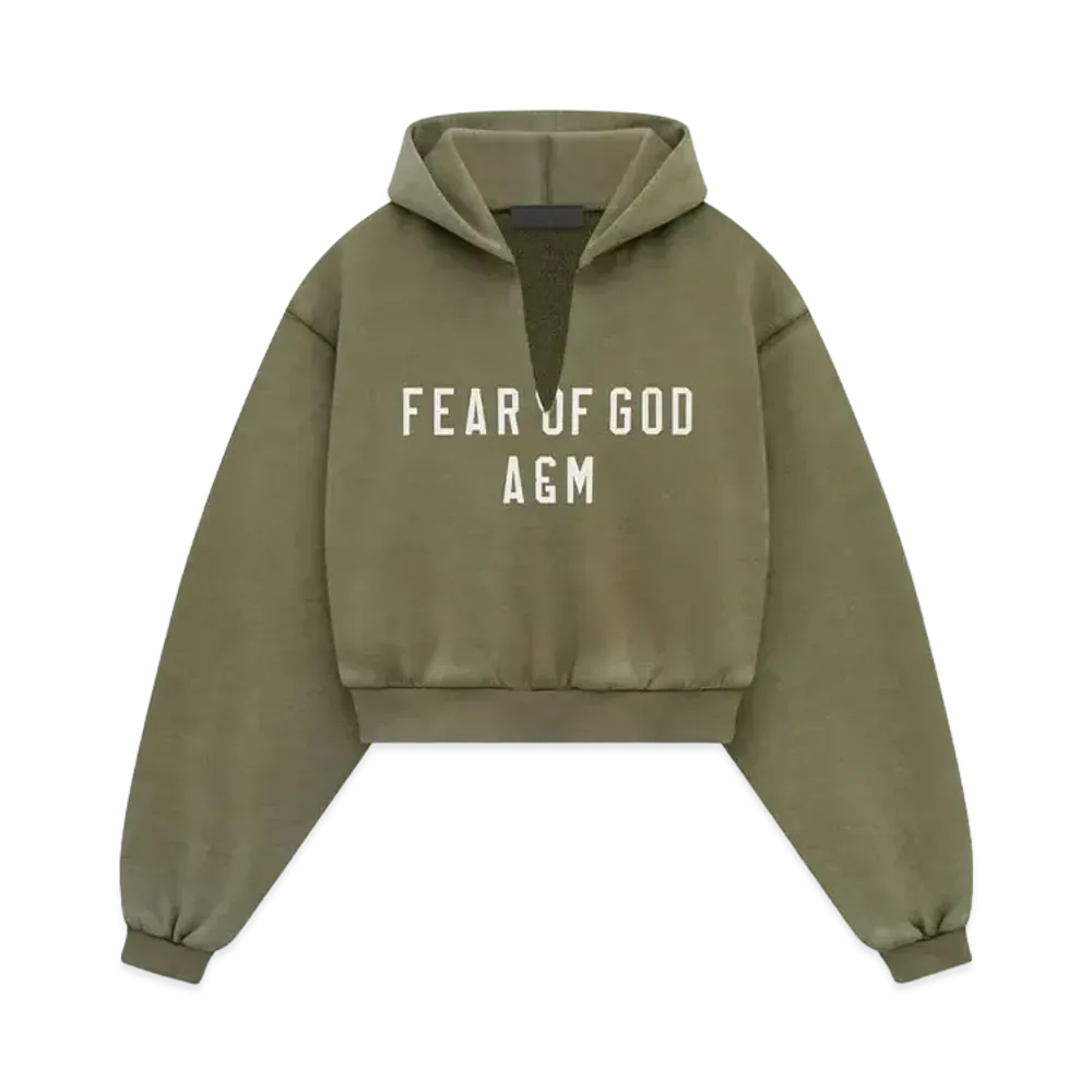 FEAR OF GOD Essentials Womens Heavy Fleece Cropped V-Neck Hoodie "Military"