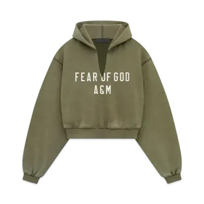FEAR OF GOD Essentials Womens Heavy Fleece Cropped V-Neck Hoodie "Military"