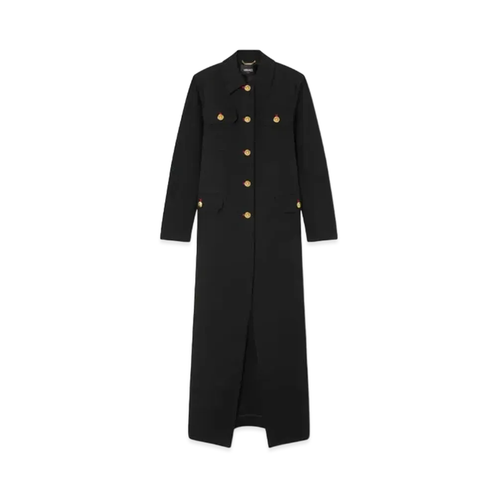 Versace Wool Gabardine Long Uniform Coat "Black"