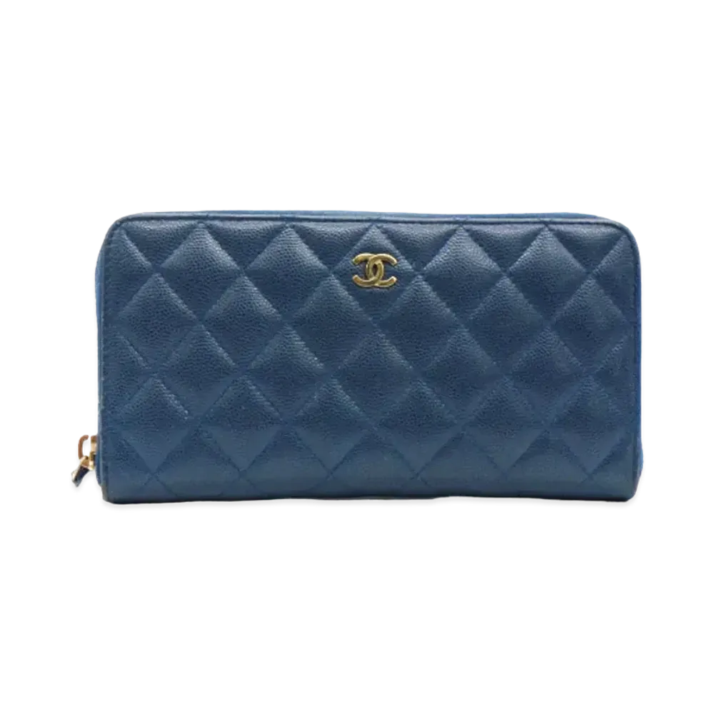 CHANEL Quilted Caviar Skin Zip Wallet "Blue"