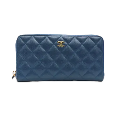 CHANEL Quilted Caviar Skin Zip Wallet "Blue"