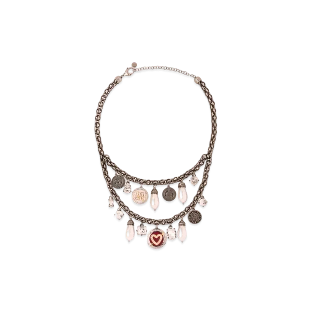 MIU MIU Miu Pave Metal Pendant Necklace "Dark Gray/Dark Red"