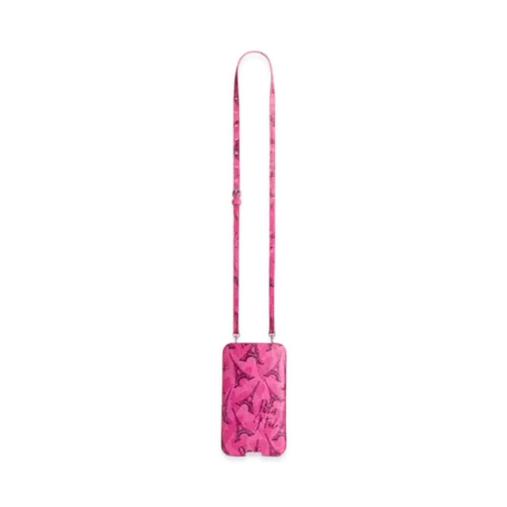 BALENCIAGA Cash Phone Pouch in Paris Je T'Adore Allover Logo Printed Arena Lambskin "Pink"