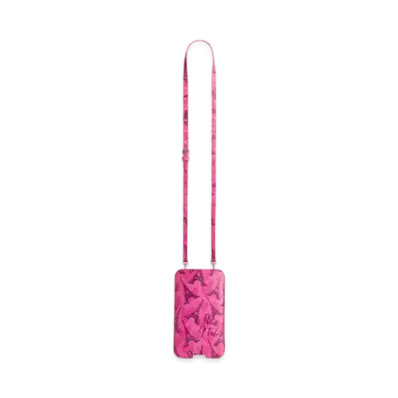 BALENCIAGA Cash Phone Pouch in Paris Je T'Adore Allover Logo Printed Arena Lambskin "Pink"