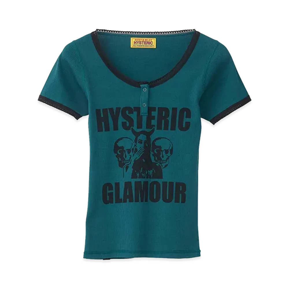 HYSTERIC GLAMOUR Women's Evil Skull Baby Tee "Green"