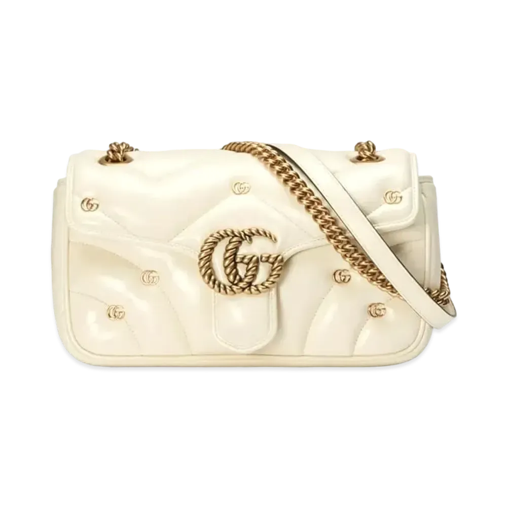 GUCCI GG Marmont Small Shoulder Bag Matelasse Chevron Leather Double G Studs "White"