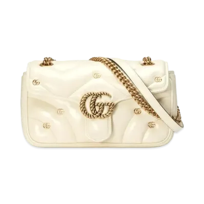 GUCCI GG Marmont Small Shoulder Bag Matelasse Chevron Leather Double G Studs "White"