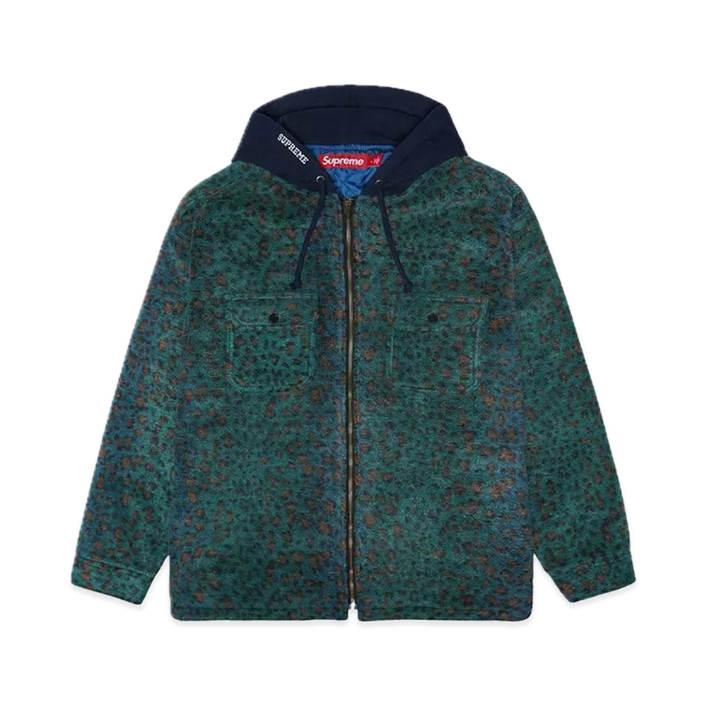 Supreme Fleece Zip Up Hooded Shirt "Teal Leopard"