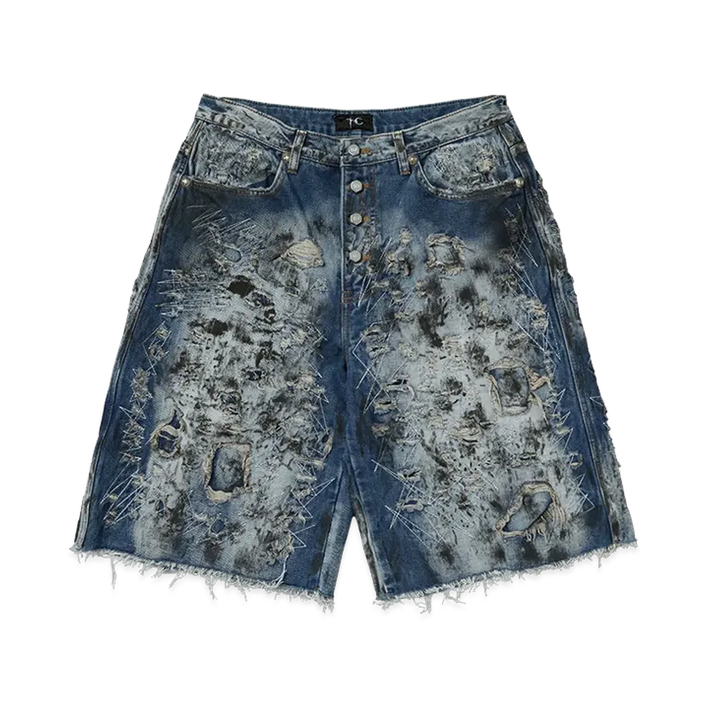 THUG CLUB Hard Washed Destroyed Denim Shorts "Blue"