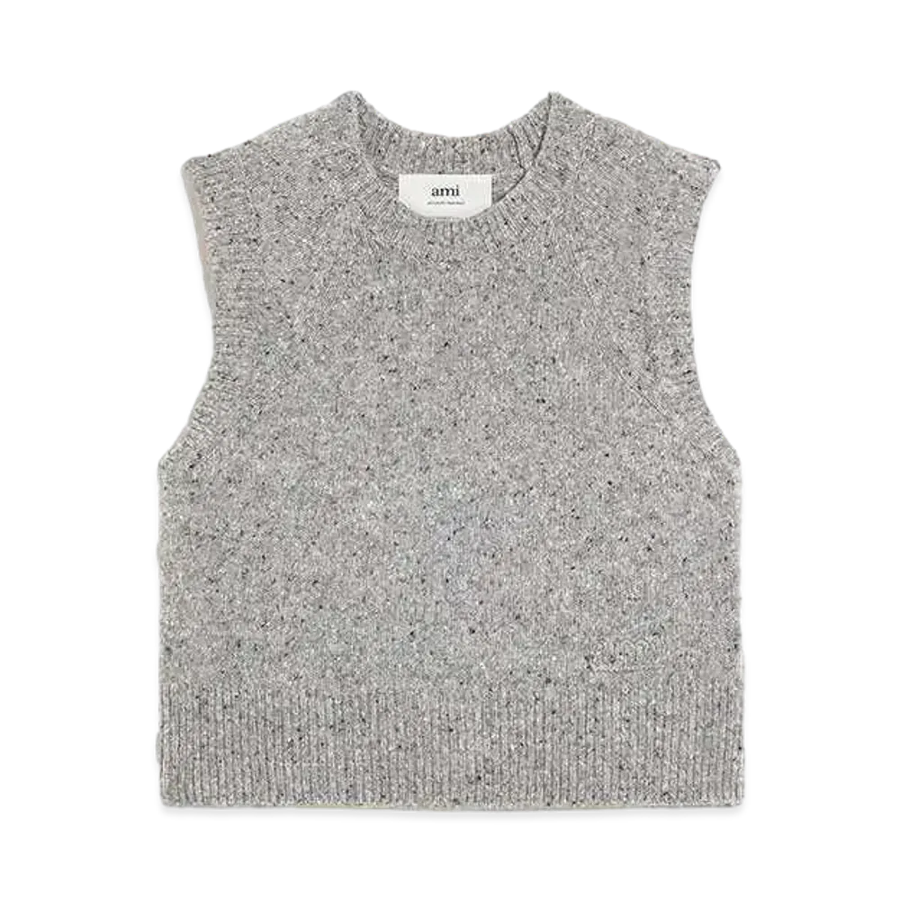 AMI PARIS Donegal Wool Embroidery Sleeve Less Sweater "Light Heather Gray"