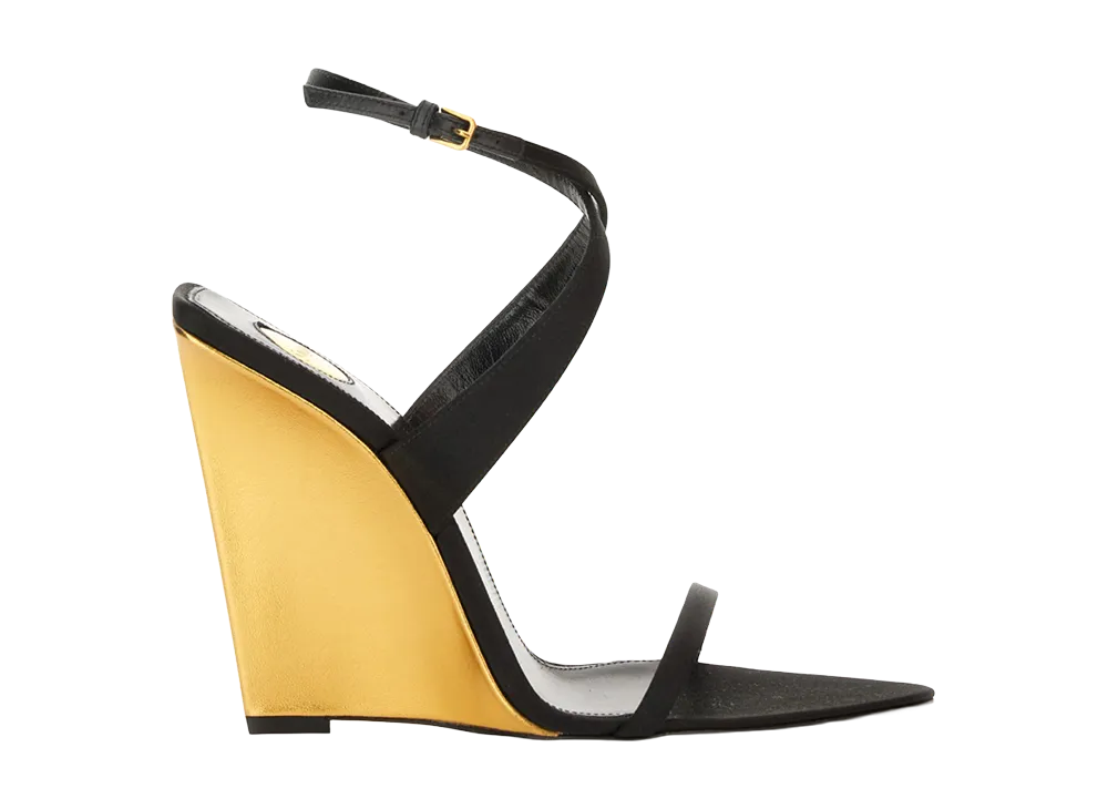Saint Laurent Women's  Salome Wedges in Satin Crepe and Metallic Leather "Black"