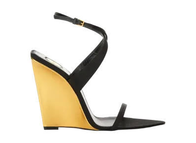 Saint Laurent Women's Salome Wedges in Satin Crepe and Metallic Leather "Black"