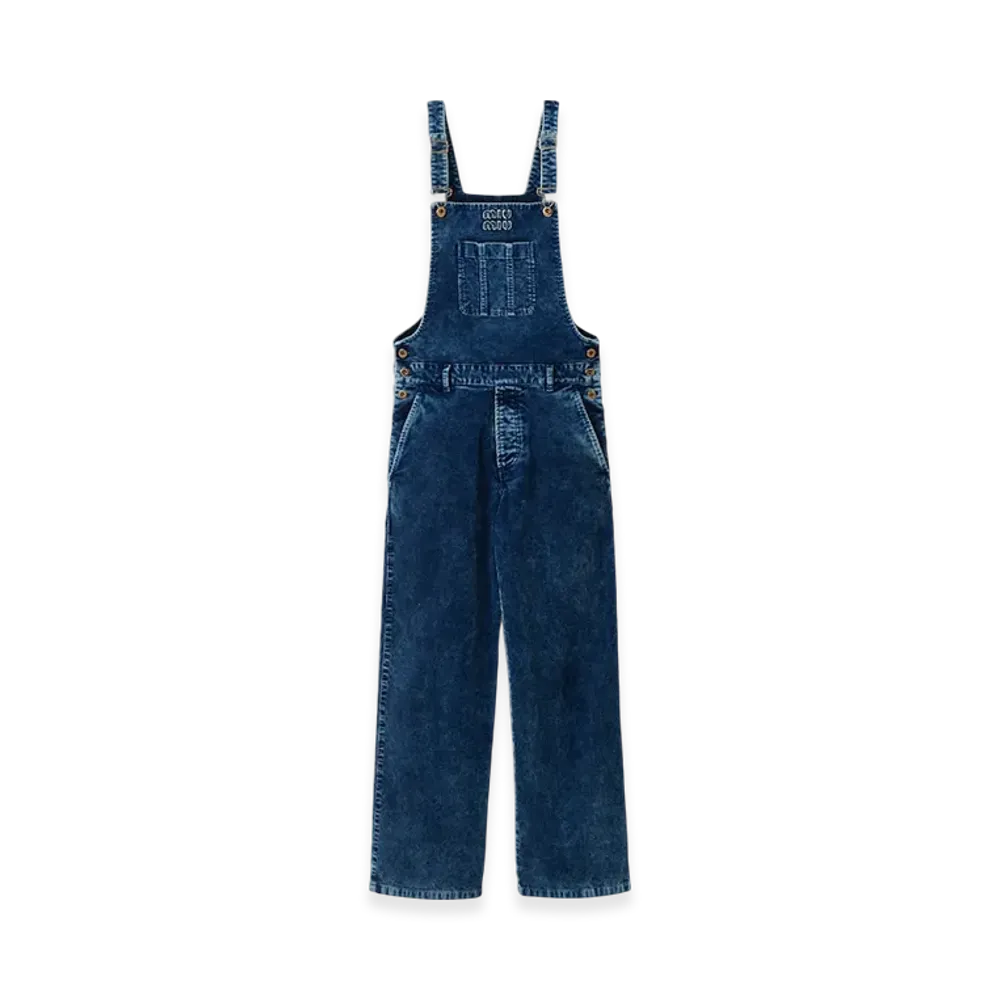 MIU MIU Women's Long Washed Velvet Overalls "Indigo Blue"