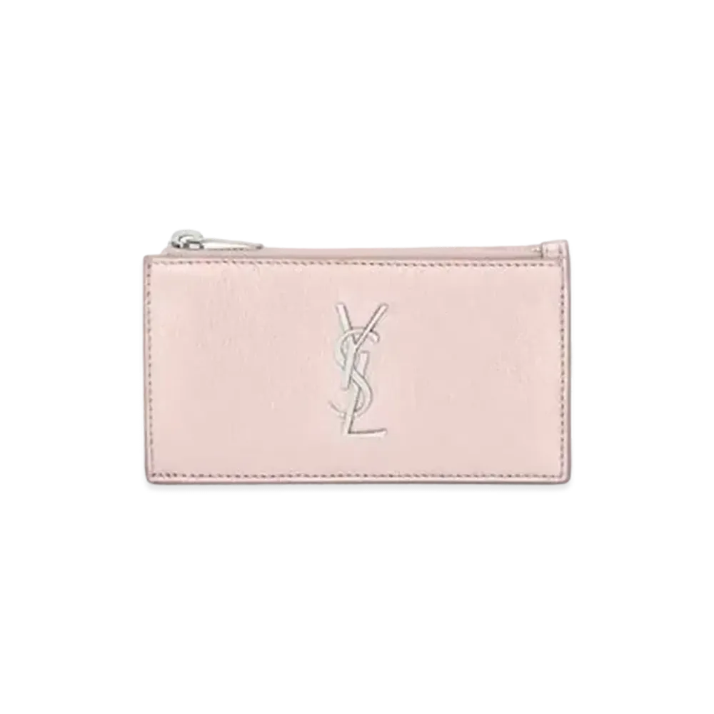 SAINT LAURENT Monogram Fragments Zipped Card Case In Metallized Leather "Rose Gold"