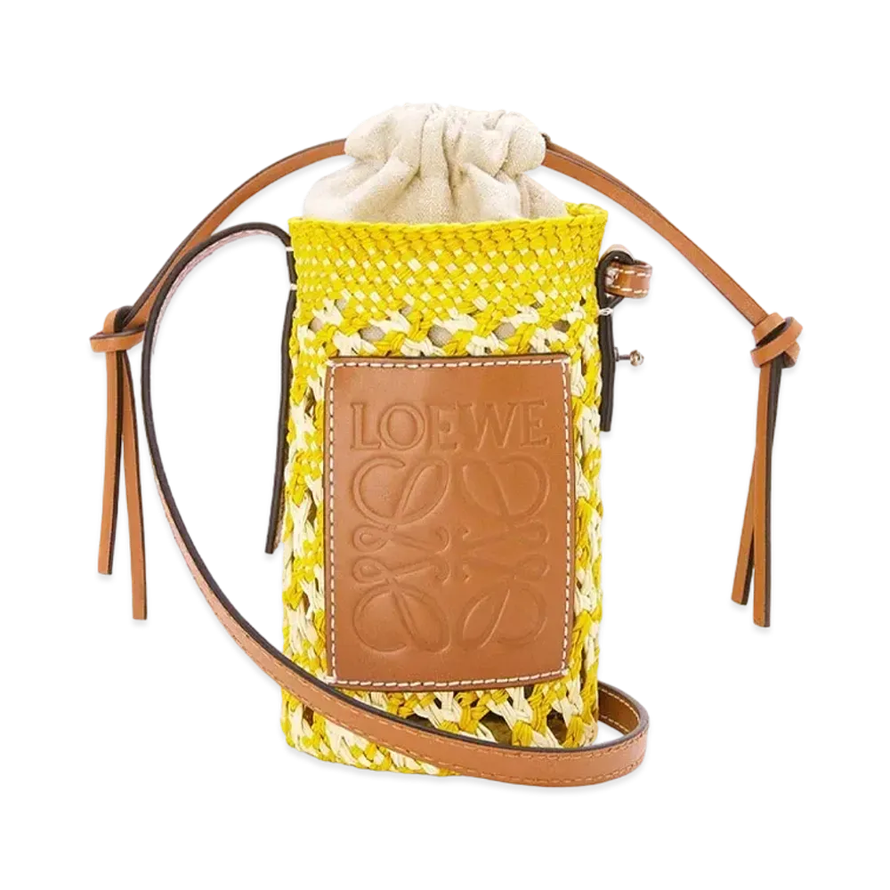 LOEWE Cylinder Pocket In Iraca Palm And Calfskin "Natural / Yellow"