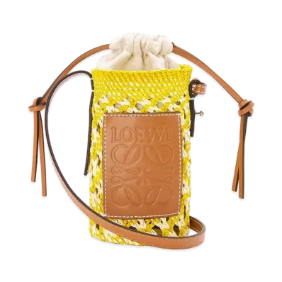 LOEWE Cylinder Pocket In Iraca Palm And Calfskin "Natural / Yellow"