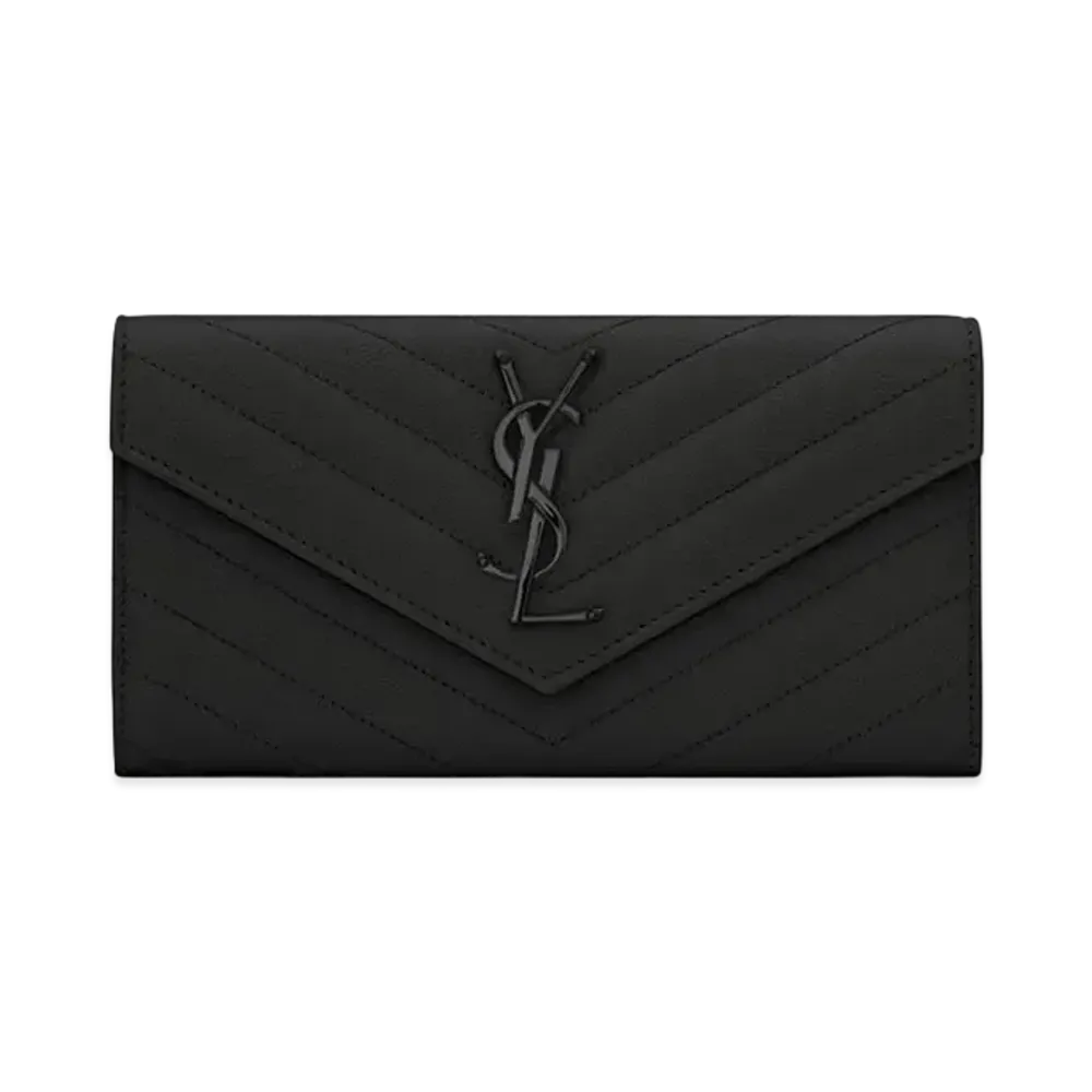 Saint Laurent Flap Large Wallet In Grain De Black Embossed Leather "Black"