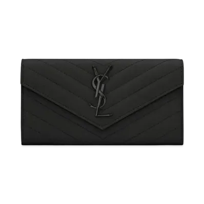 Saint Laurent Flap Large Wallet In Grain De Black Embossed Leather "Black"
