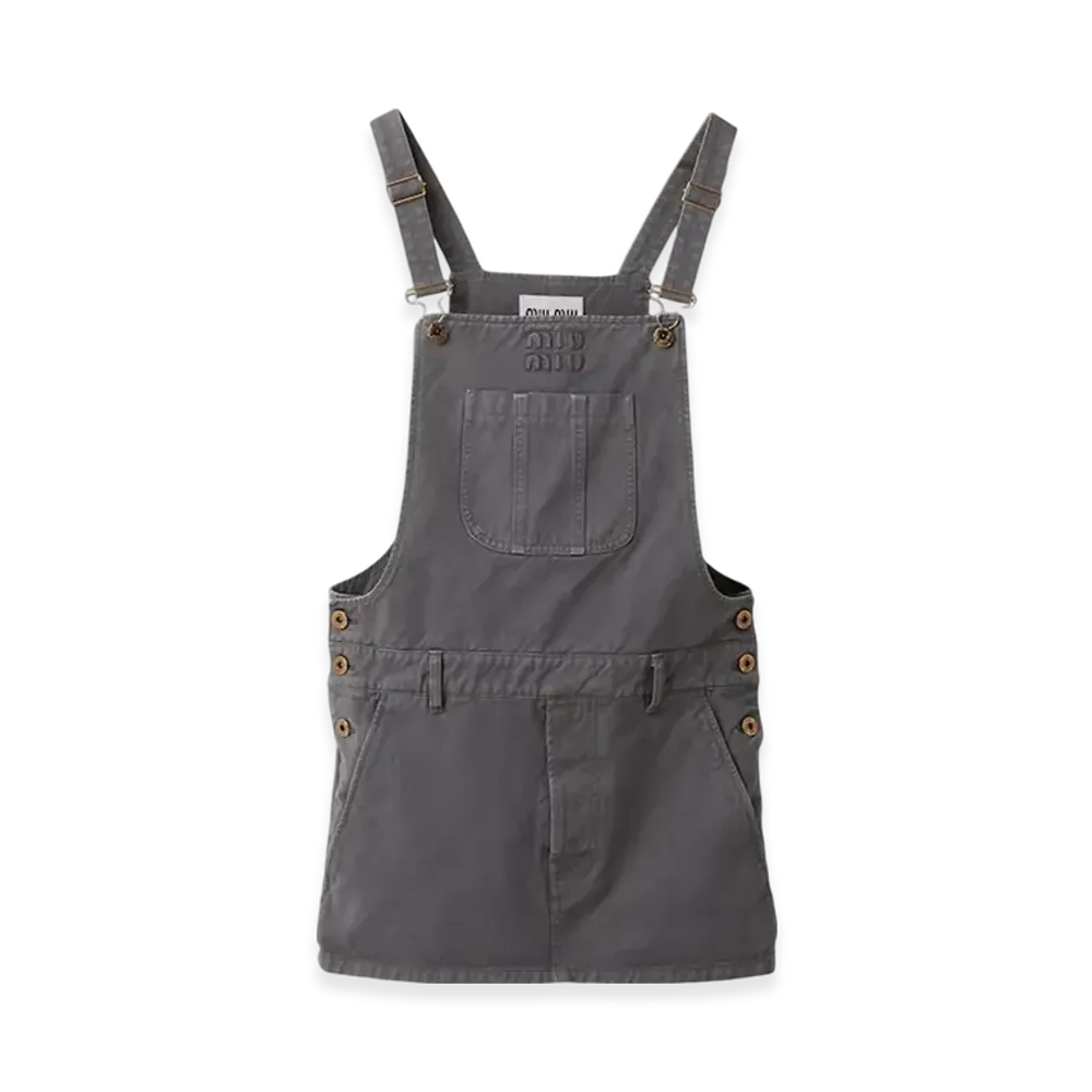 MIU MIU Women's Garment Dyed Gabardine Overall Mini Dress "Iron Gray"