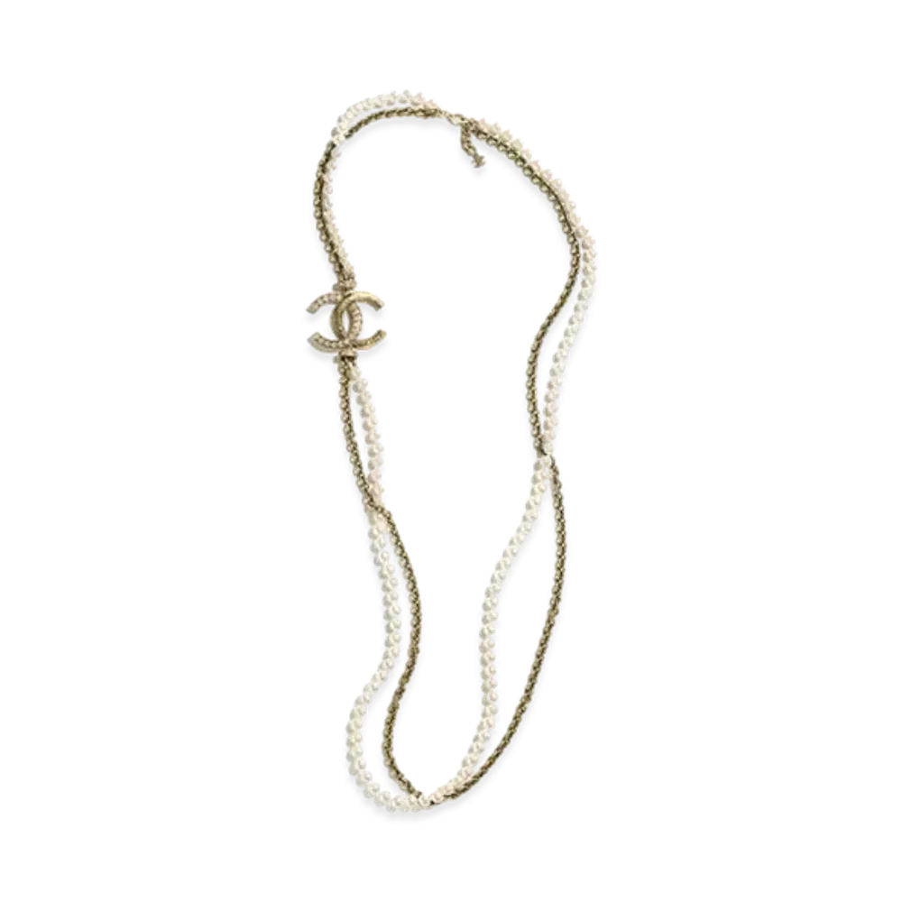 CHANEL Long Necklace Metal, Glass Pearls & Strass "Gold/Pearly White/Crystal"