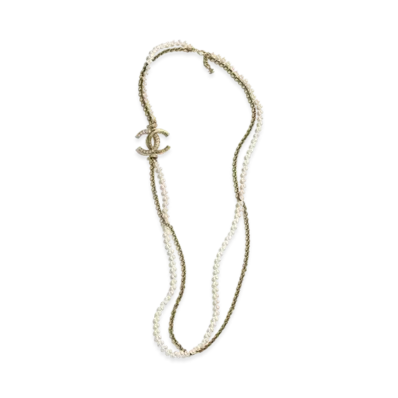 CHANEL Long Necklace Metal, Glass Pearls & Strass "Gold/Pearly White/Crystal"