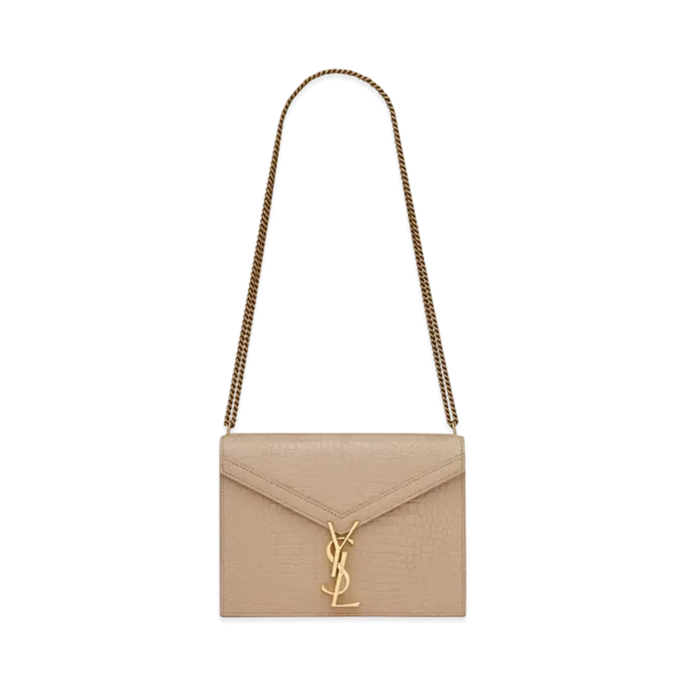 Saint Laurent Cassandra Monogram Clasp Bag In Crocodile-Embossed Shiny Leather "Dark Beige"